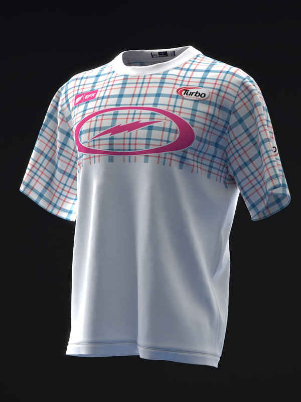 White bowling jersey with blue and pink plaid sleeves and pink oval logo graphic, front view
