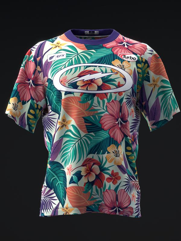Bowling jersey with tropical floral print in teal, coral, and purple tones, front view