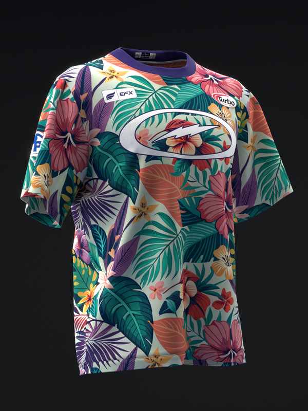 Front view of tropical bowling jersey with colorful floral and leaf pattern design
