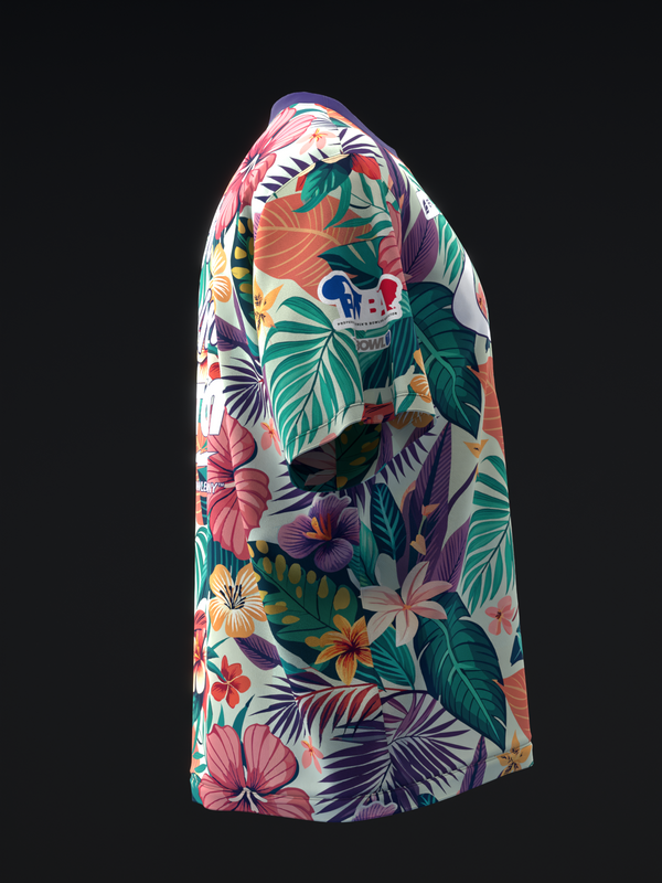 White bowling jersey with vibrant tropical floral and leaf print, side view