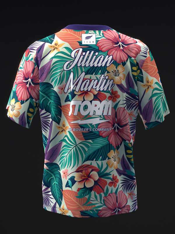 Bowling jersey with tropical floral print in pink, teal, and yellow tones, back view