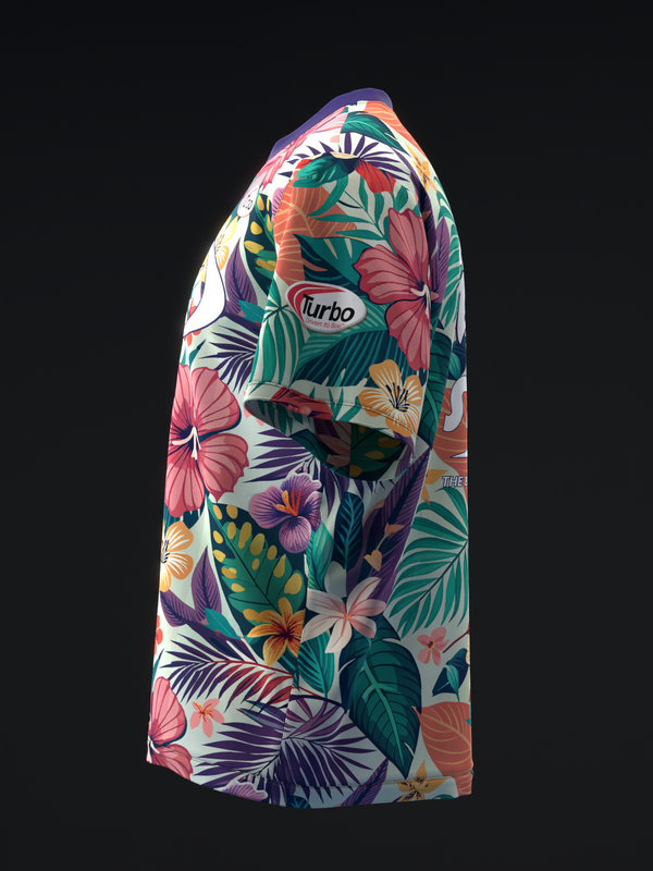 Turbo bowling jersey with vibrant tropical floral print on white, side view