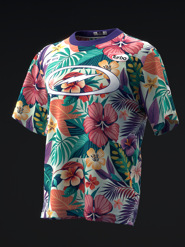 Bowling jersey with tropical floral print and white oval logo, front view