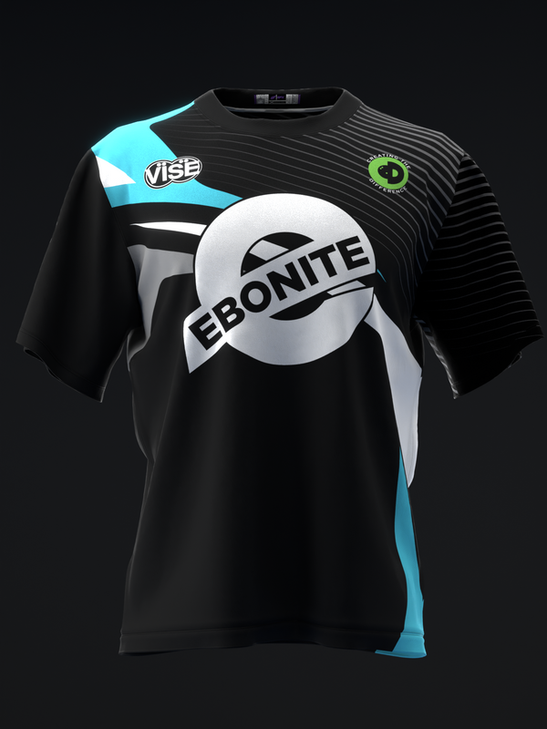 Black bowling jersey with cyan accents, Ebonite logo, and striped pattern detail