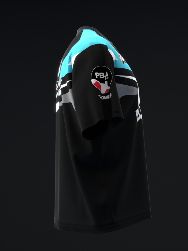 Black bowling jersey with cyan shoulder panels and white stripes, PBA logo visible