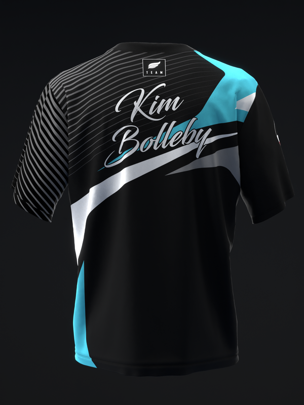 Black bowling jersey with cyan and white accents, striped shoulders, front view