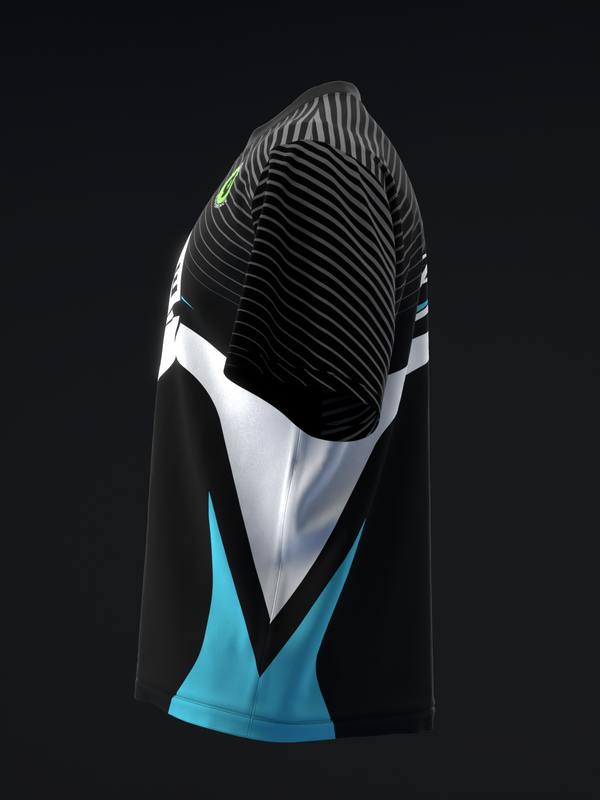 Black bowling jersey with white and cyan color blocking, diagonal striped pattern