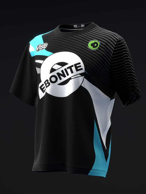 Black bowling jersey with white Ebonite logo, cyan accents, and striped shoulders