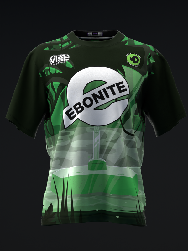 Green and black bowling jersey with Ebonite logo and abstract geometric design