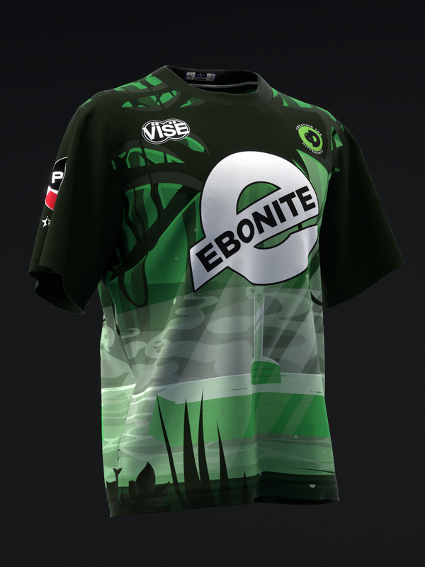 Black and green bowling jersey with Ebonite logo and abstract graphic design