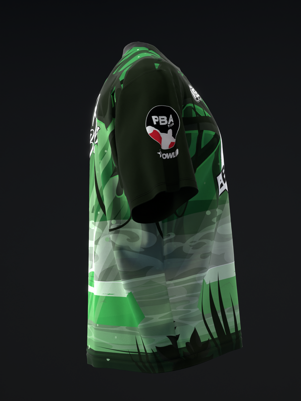 Green and black bowling jersey with PBA logo and geometric design, side view