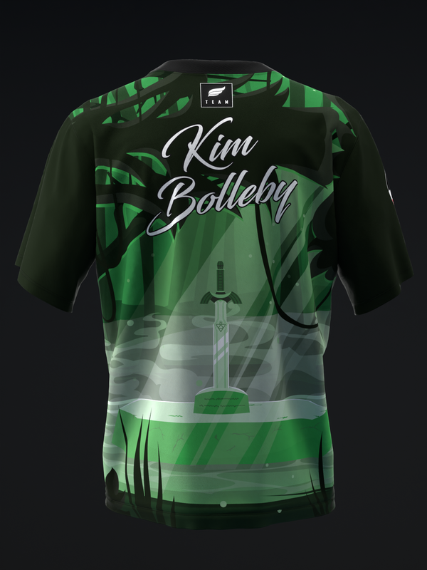 Black and green bowling jersey with sword graphic and script text