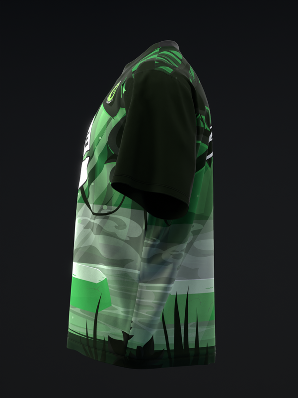 Green and white bowling jersey with abstract sword and landscape graphic design