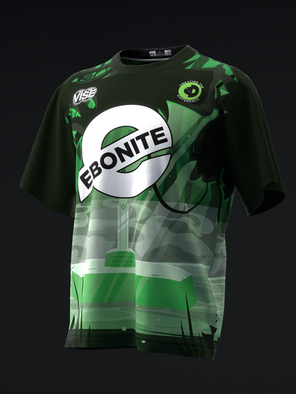 Dark green and white bowling jersey with Ebonite logo and abstract design