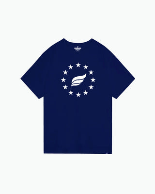 Navy blue bowling tee with white stars and wing graphic on front