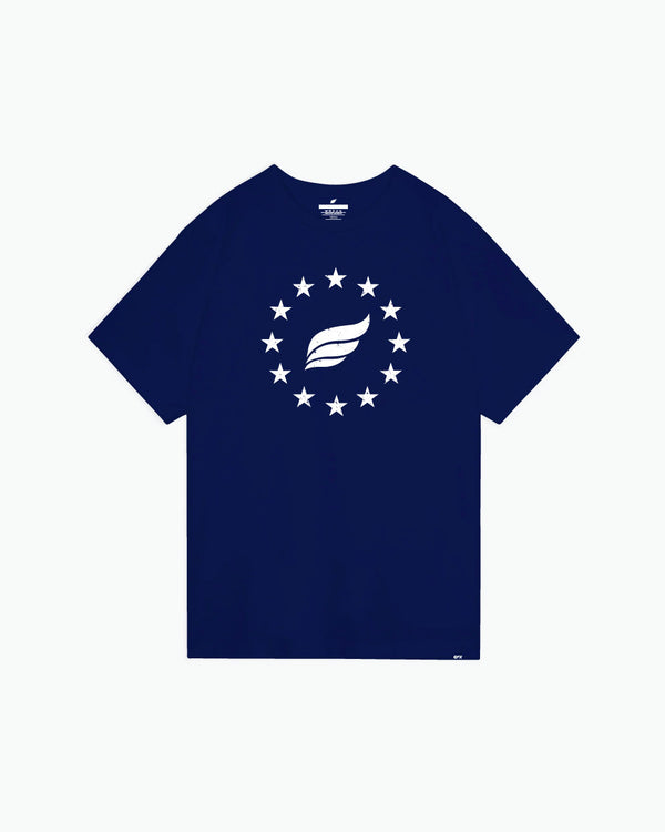 Navy blue bowling tee with white stars and wing graphic on front