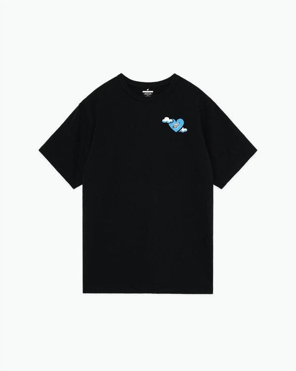 Black short-sleeve tee with small blue winged heart graphic on chest
