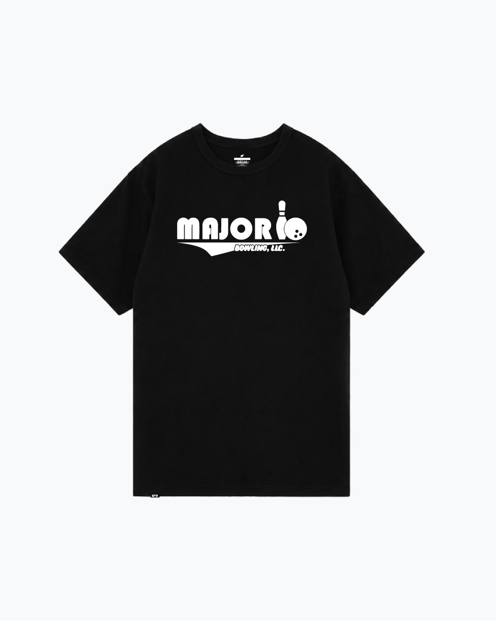 Black t-shirt with white Major Bowling logo and text on front