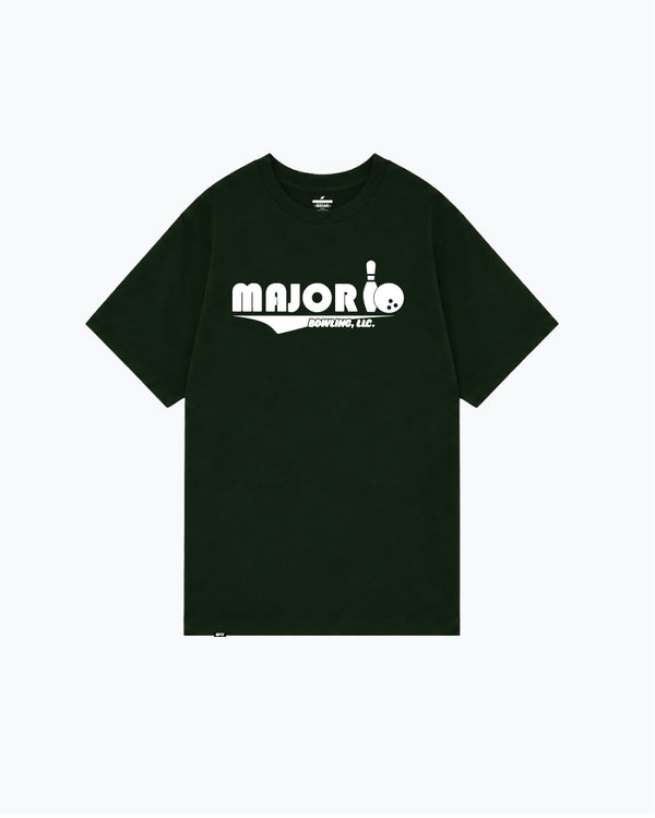 Black short-sleeve tee with white Major Bowling logo and text