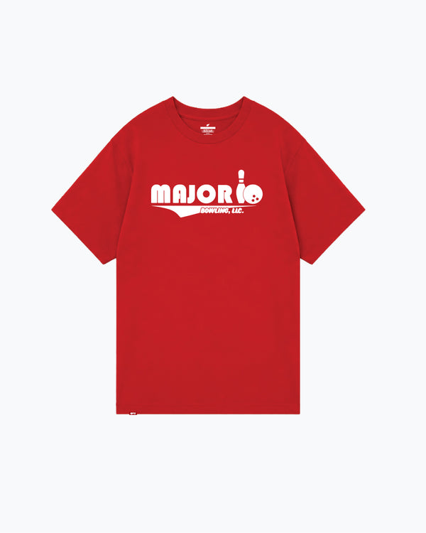 Red t-shirt with white Major Bowling logo and text on front