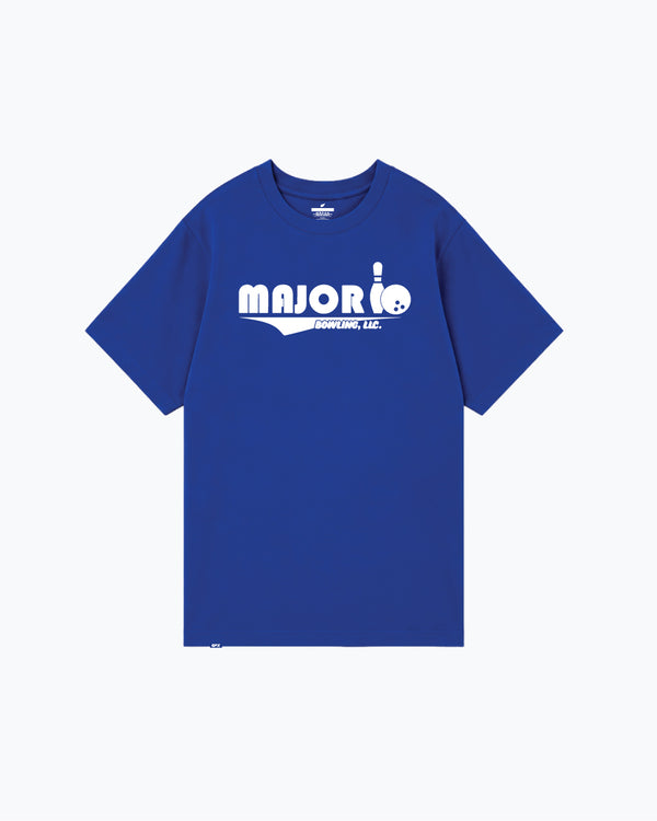 Royal blue bowling t-shirt with white Major logo and bowling pin graphic
