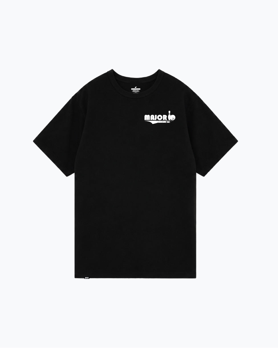 Black short-sleeve tee with white Major Bowling logo on chest