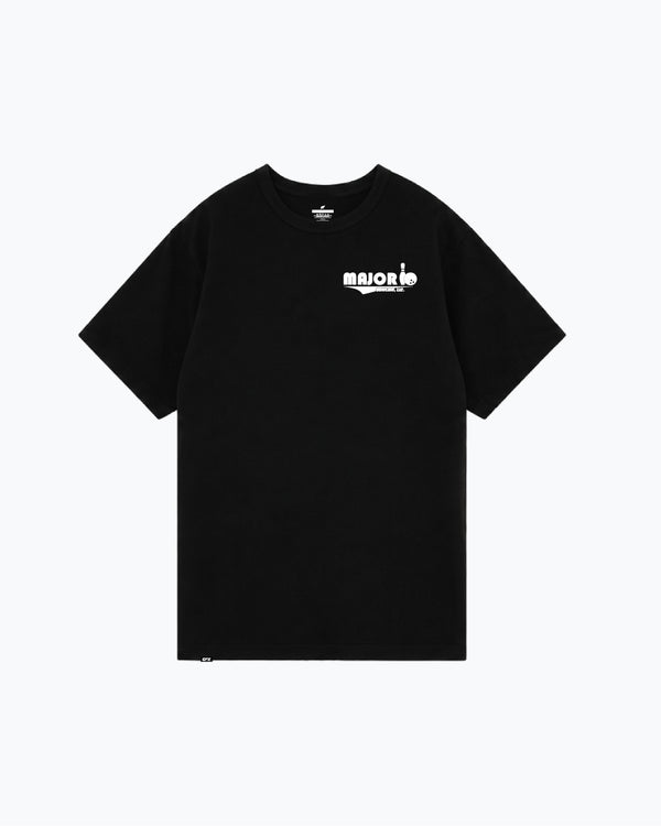 Black short-sleeve tee with white Major Bowling logo on chest