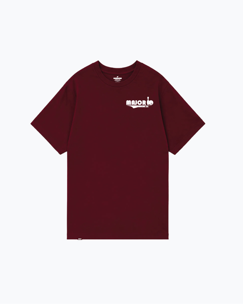 Maroon bowling t-shirt with white Major logo on front chest