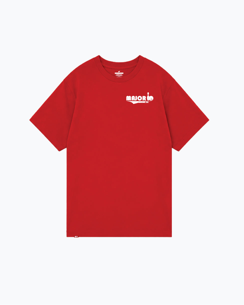 Red t-shirt with white Major Bowling logo on front chest
