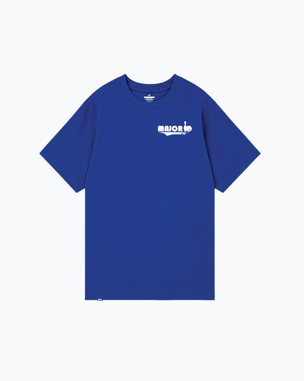 Royal blue t-shirt with white Major Bowling logo on chest, front view