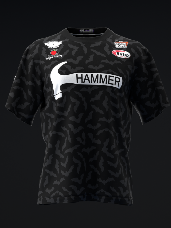 Black bowling jersey with bat pattern and Hammer logo, front view