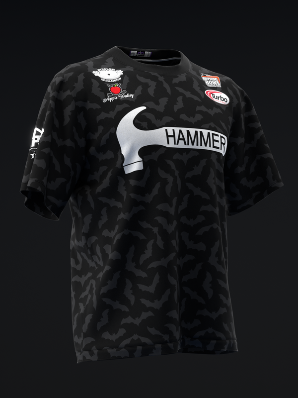 Black bowling jersey with bat pattern, Hammer logo, and sponsor patches front view