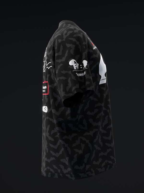 Black camo bowling jersey with white bowling pins graphic on back