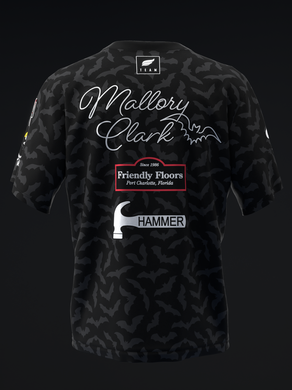 Black bowling jersey with bat pattern, Mallory Clark signature, and sponsor logos back view