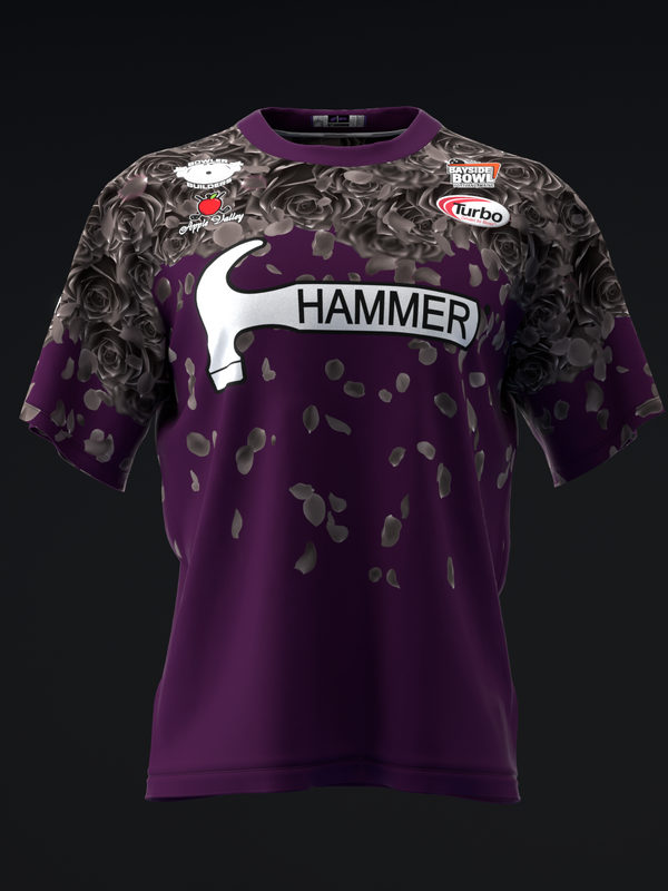 Purple bowling jersey with Hammer logo and falling rose pattern design, front view