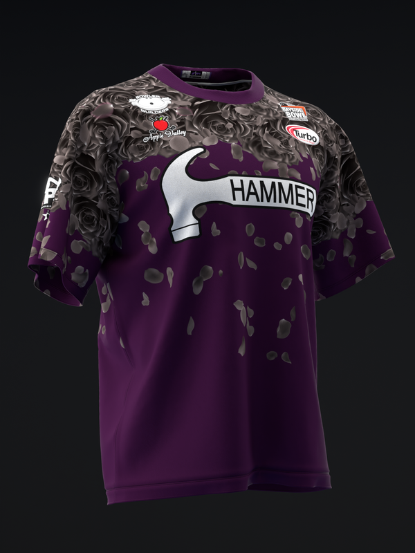 Purple bowling jersey with gray rose pattern and Hammer logo on front