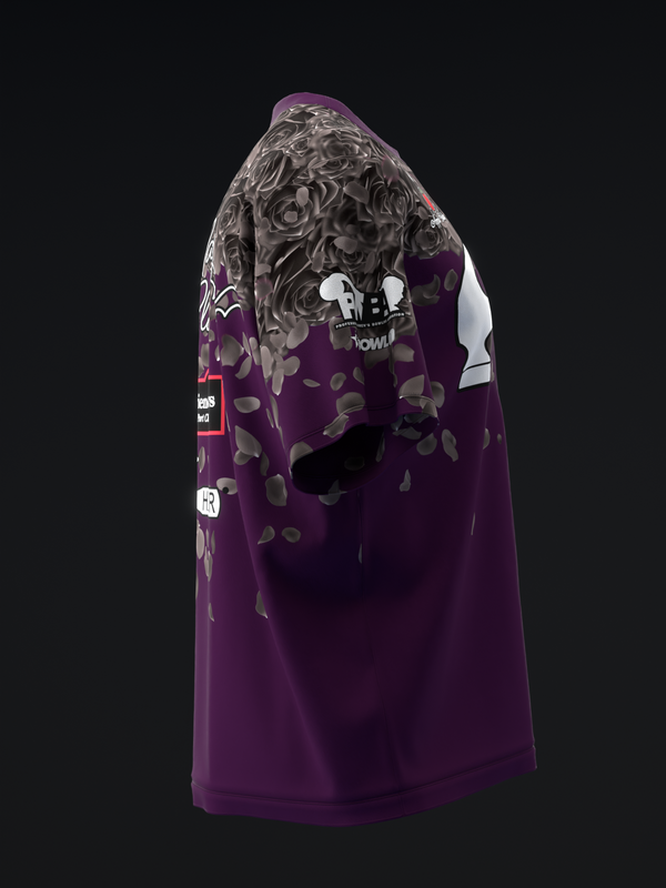 Purple bowling jersey with gray rose pattern and white graphic details, back view