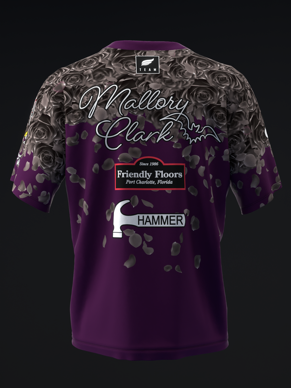 Purple bowling jersey with rose pattern and sponsor logos on back view