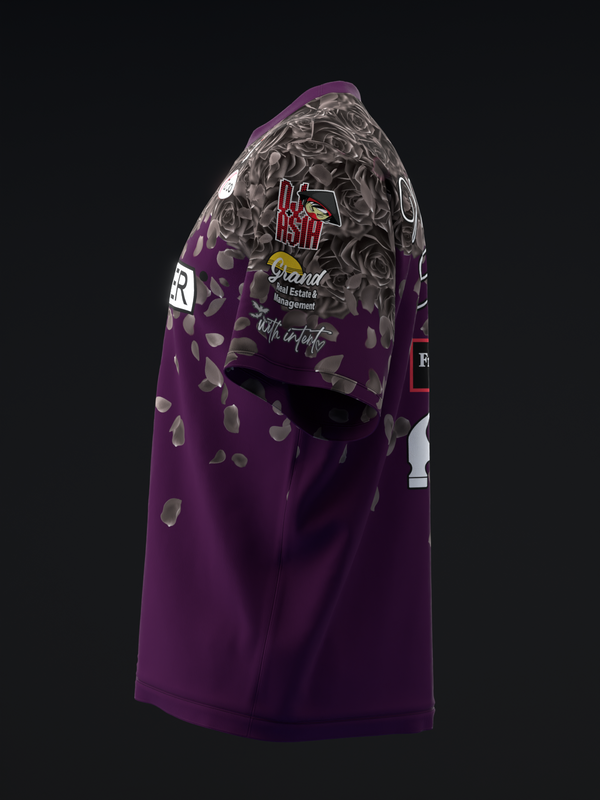 Purple bowling jersey with gray rose pattern and red text graphics, side view