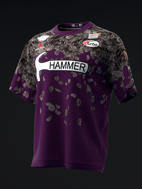 Purple bowling jersey with Hammer logo and falling rose petal pattern, front view