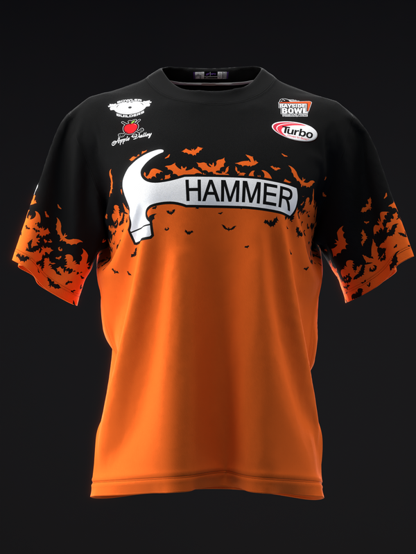Black and orange bowling jersey with Hammer logo and bat graphic design
