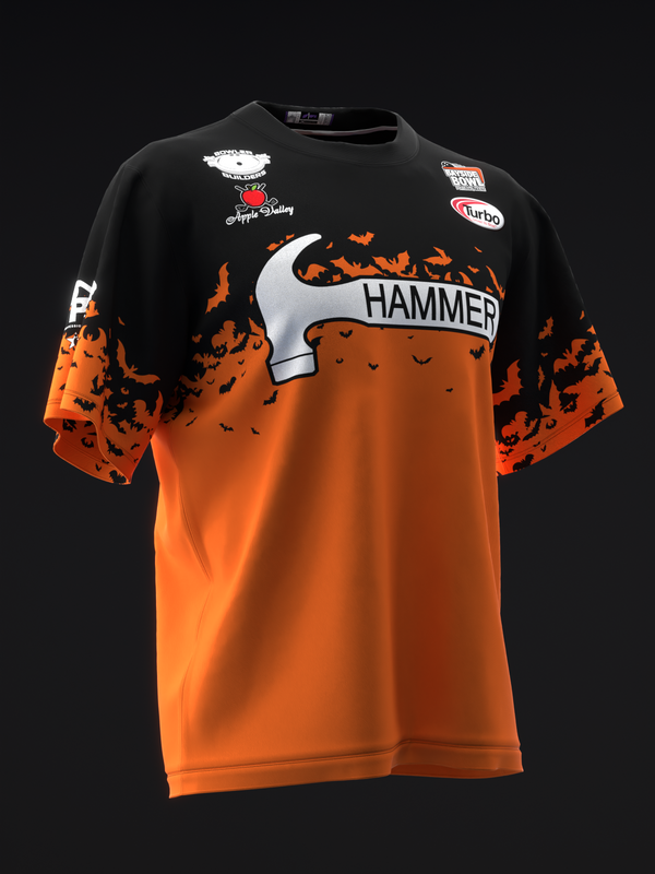 Black and orange bowling jersey with hammer graphic and splatter design