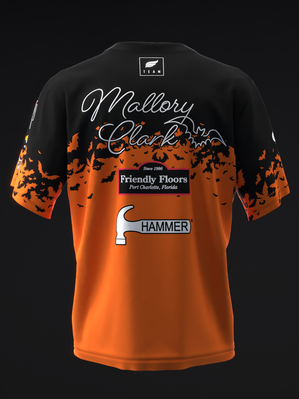Black and orange bowling jersey back with splatter design and hammer graphic