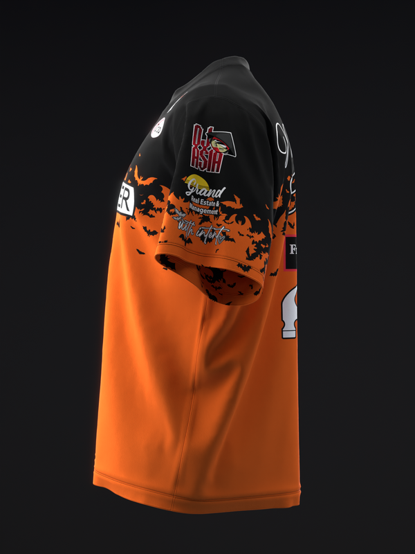 Black and orange bowling jersey with bat graphic and text design, front view