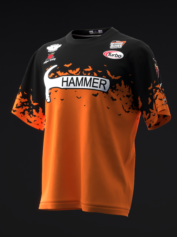 Black and orange bowling jersey with bat pattern and Hammer branding