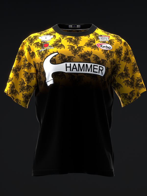 Yellow and black bowling jersey with Hammer logo and lace bat pattern, front view