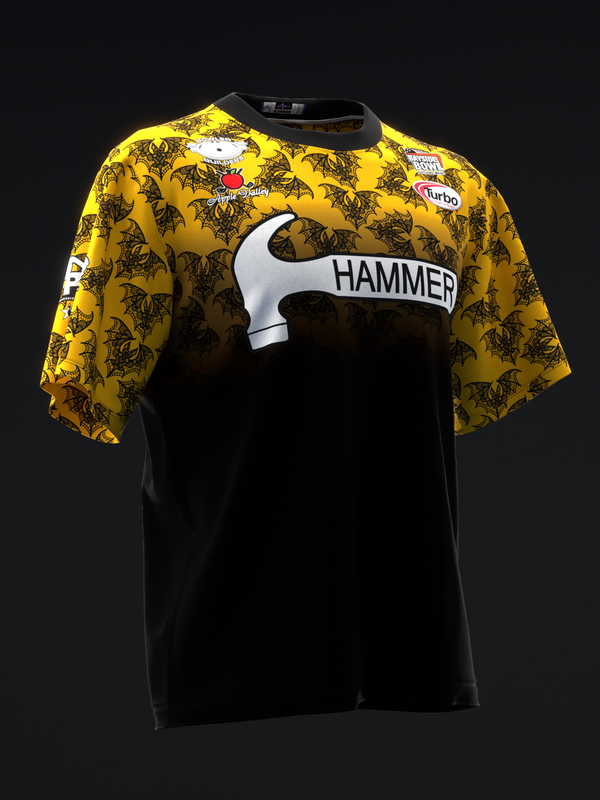 Yellow and black bowling jersey with hammer graphic and bat pattern design