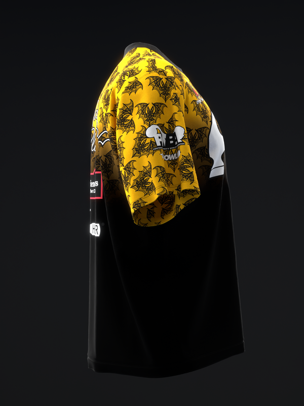 Black and yellow bowling jersey with lace bat graphic design, side view