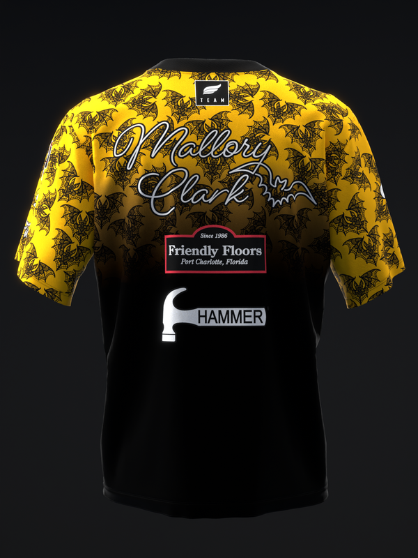 Black and yellow bowling jersey with lace bat pattern and sponsor logos