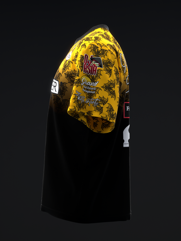 Black bowling jersey with yellow lace bat pattern on shoulder area